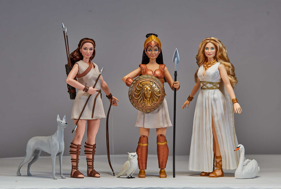 Olympia Dolls Athena, Artemis, and Venus on a grey background