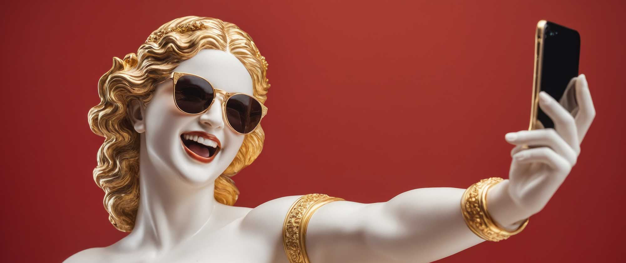 Statue of a woman taking a selfie with sunglasses and a phone against a red background