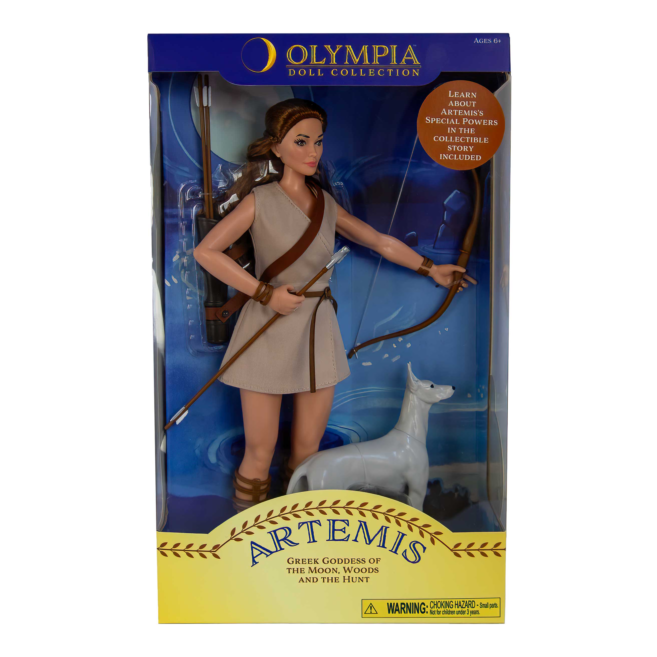 Olympia Doll Collection Artemis doll packaging with a blue and yellow design.