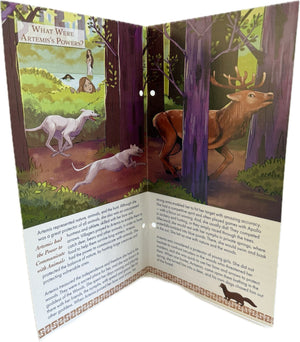 Open book with illustrations of a deer and a dog in a forest, accompanied by text.