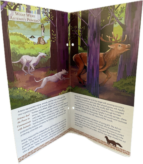 Open book with illustrations of a deer and a dog in a forest, accompanied by text.