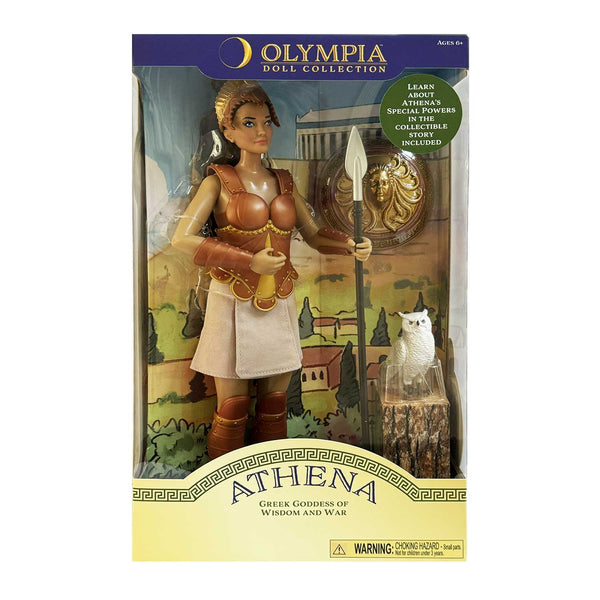 Athena Olympia Doll Collection packaging featuring a doll dressed as Athena with a shield and spear.