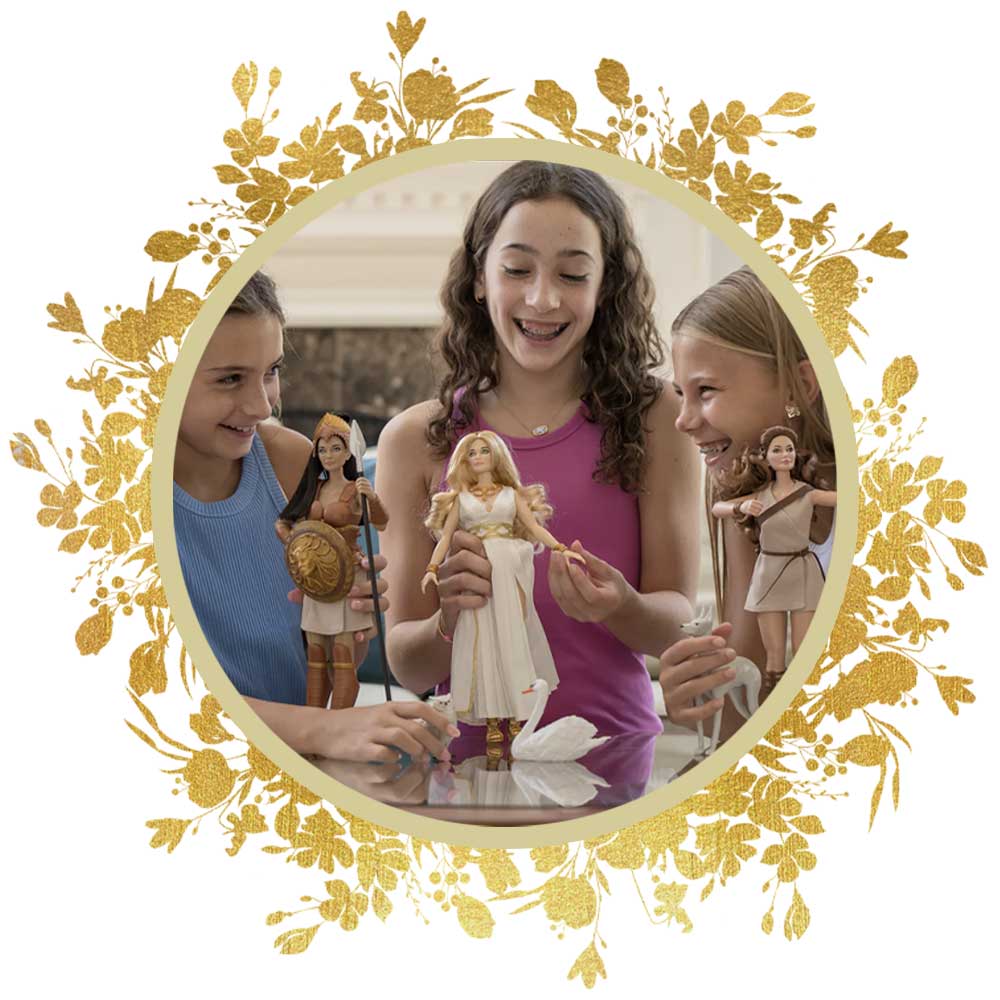 Three girls playing with dolls in a decorative frame