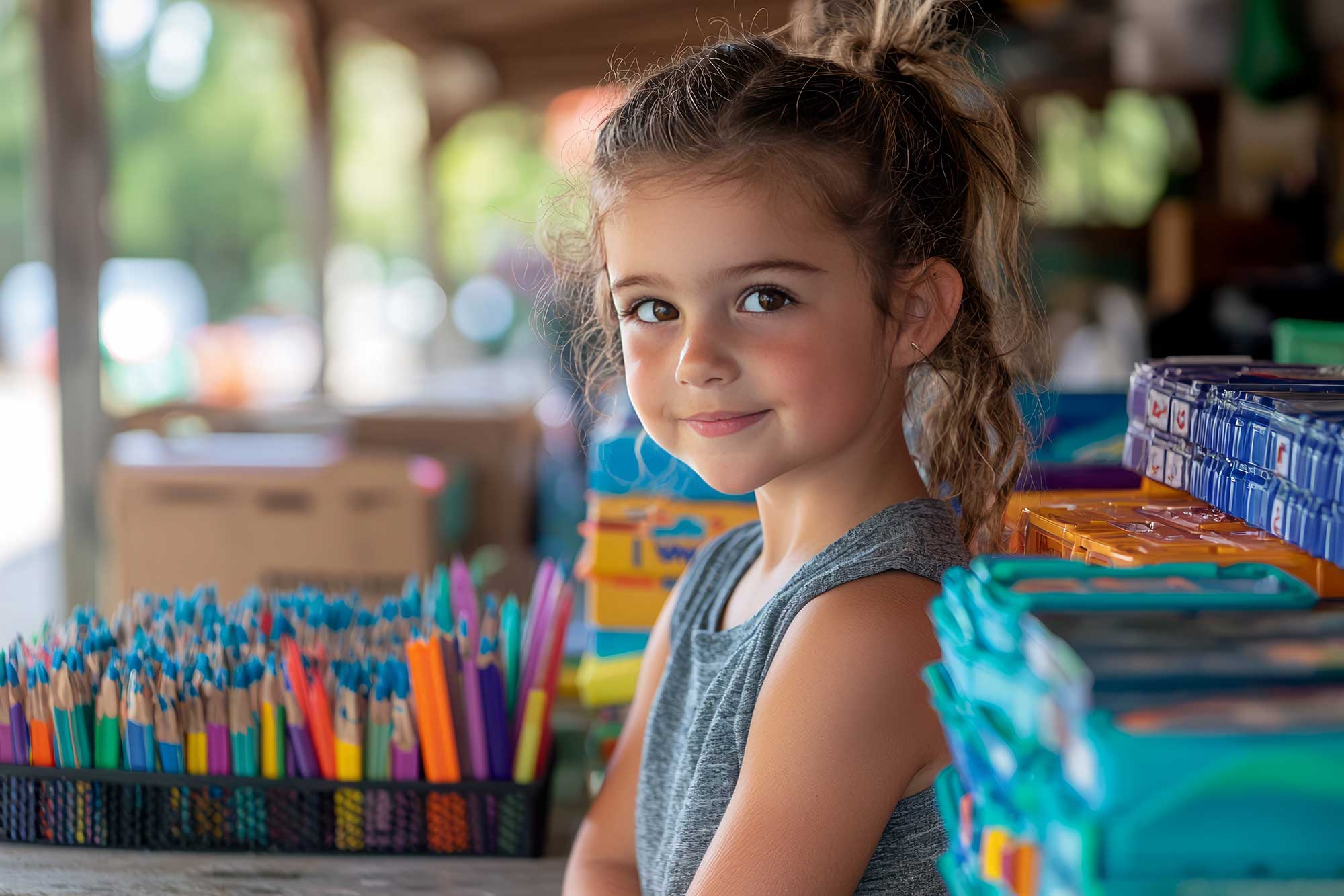 Young girl standing in front of a display of colorful school supplies.