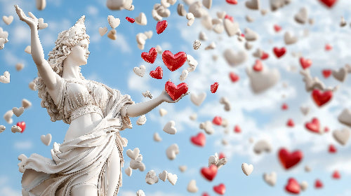 Statue of Venus with hearts in the sky