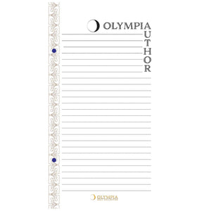 Olympia Author lined notebook page with decorative border on a white background
