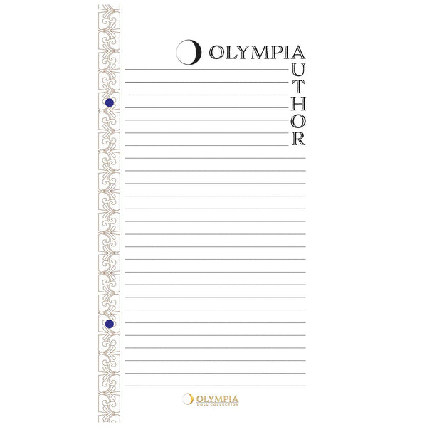 Olympia Author lined notebook page with decorative border on a white background