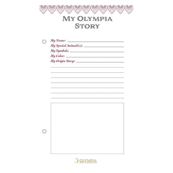 Sheet titled 'My Olympia Story' with text boxes for personal information on a white background.