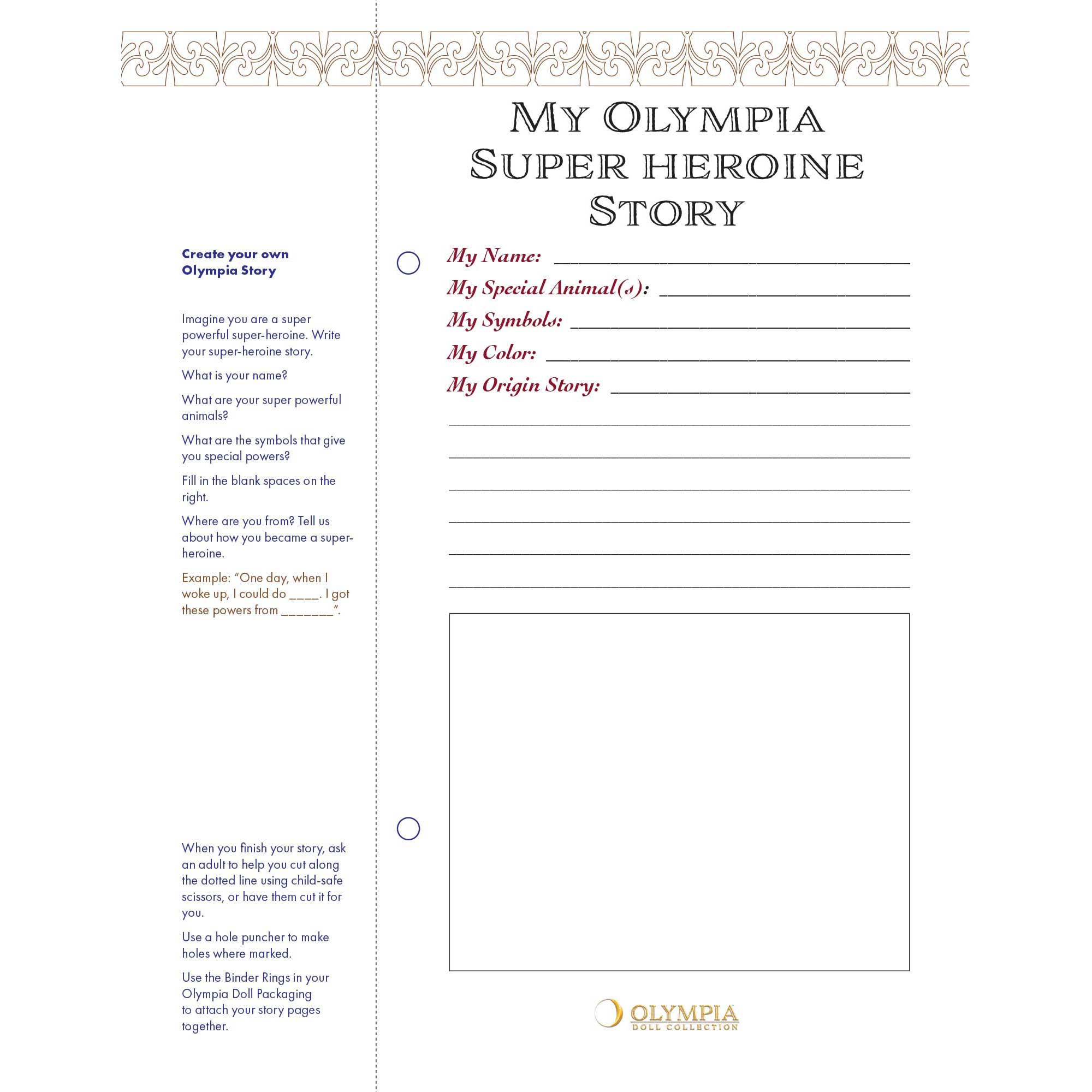 Olympia Superheroine Story Worksheet with text and checkboxes on a white background
