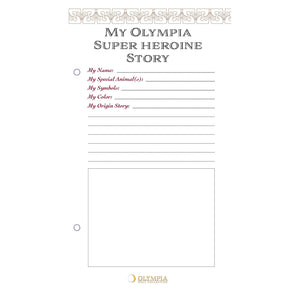 Blank sheet for creating a 'My Olympia Super Heroine Story' with text and checkboxes on a white background.