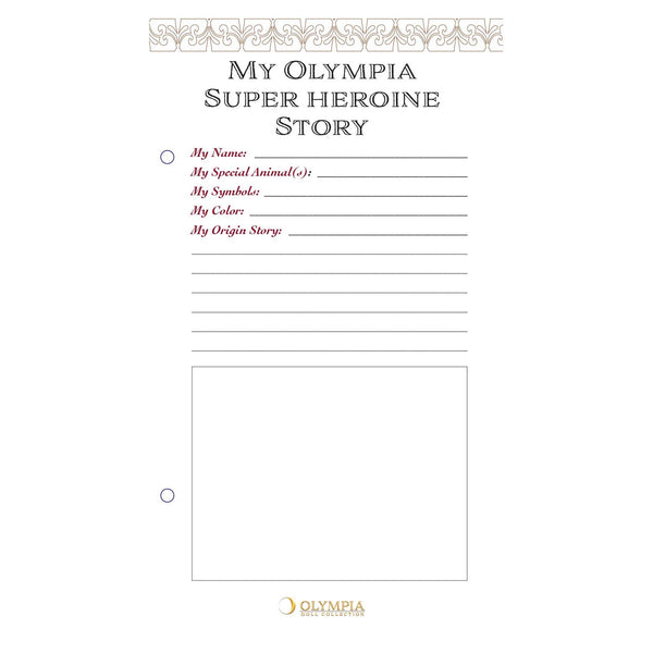 Blank sheet for creating a 'My Olympia Super Heroine Story' with text and checkboxes on a white background.