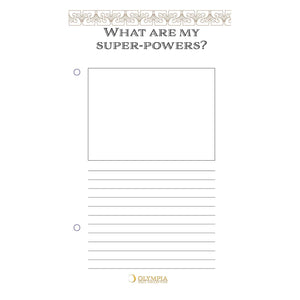 Sheet with 'What are my super-powers?' question and lined area for responses, Olympia brand visible.