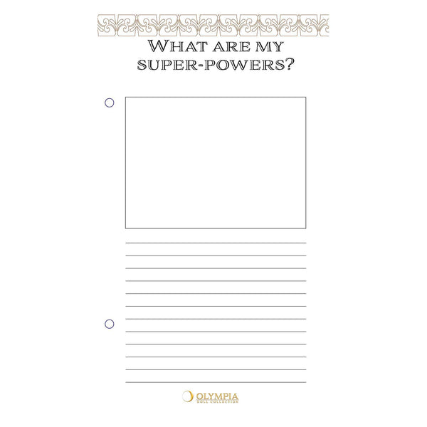 Sheet with 'What are my super-powers?' question and lined area for responses, Olympia brand visible.