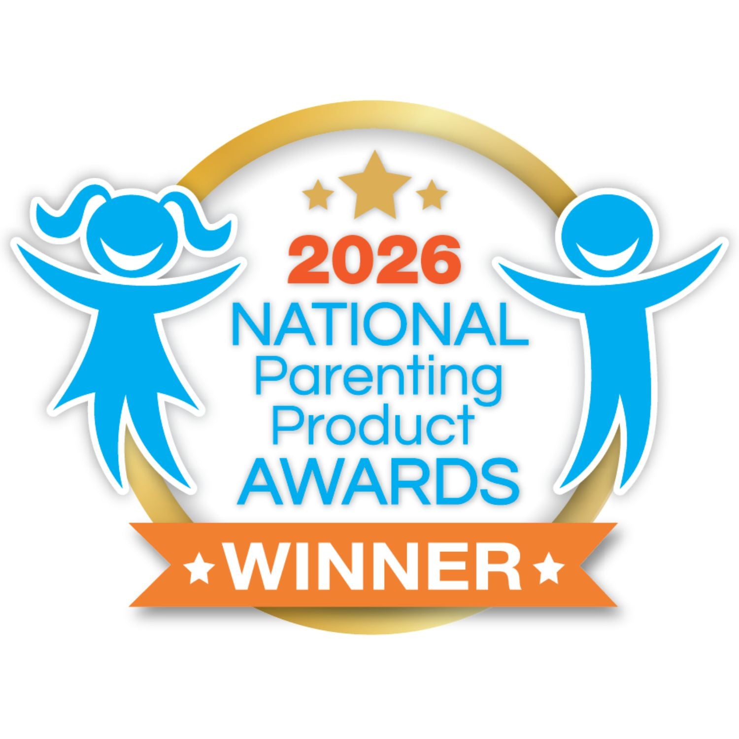 2026 National Parenting Product Awards Winner logo with blue figures and orange text on a white background