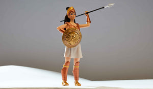 Figurine of a warrior in ancient Greek attire holding a spear and shield on a gray background