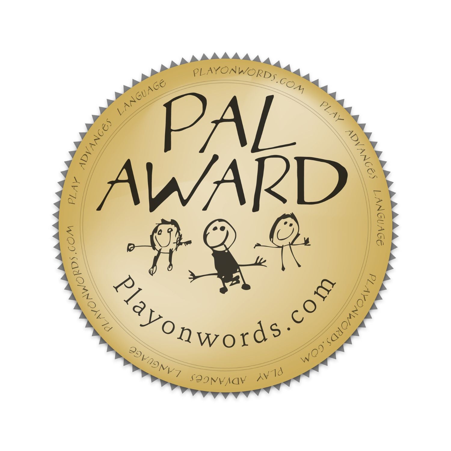 Gold medal with 'PAL Award' text and website 'playonwords.com' on a white background