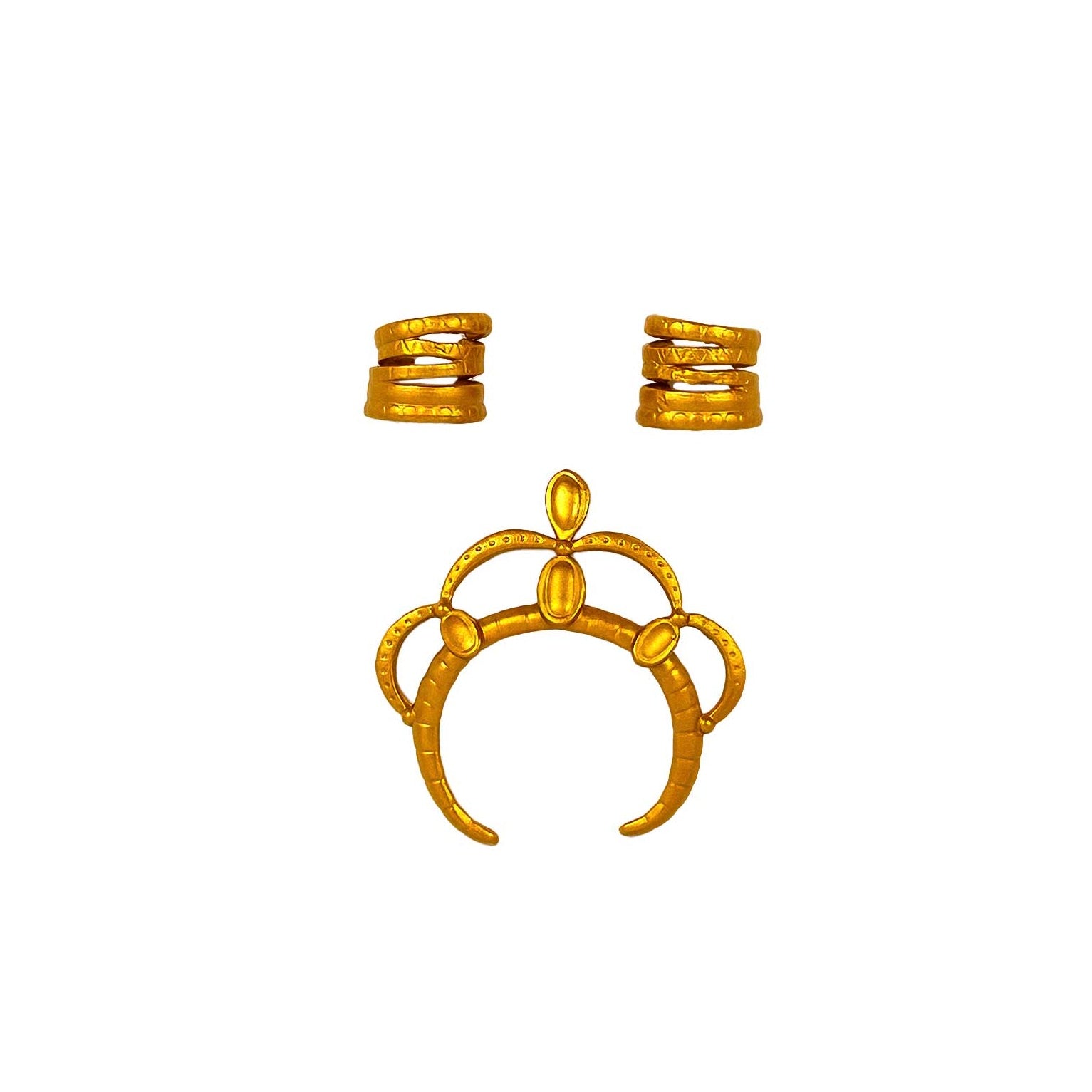 Gold jewelry set with a headpiece and two cuffs on a white background